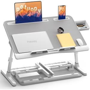 Laptop Stand for Bed, Potuopy Leather Adjustable Bed Desk Table Tray, X-Large Folding Lap Desk with Drawer for Eating Writing Drawing Working on Couch Floor, Grey