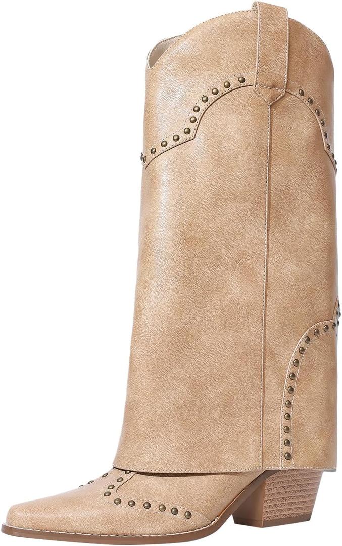 Women Shark Boots Knee High Cowboy Cowgirl Fold Over Chunky Heel Snip Toe Pull On Studded Boots for Women 8