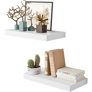 White 16 Inch Floating Shelves for Wall, 8 Inch Deep Floating Shelves Set of 2, Wall Shelves for Bathroom Over Toilet, Live Edge Shelf with Invisible Brackets for Bedroom, Home Decor