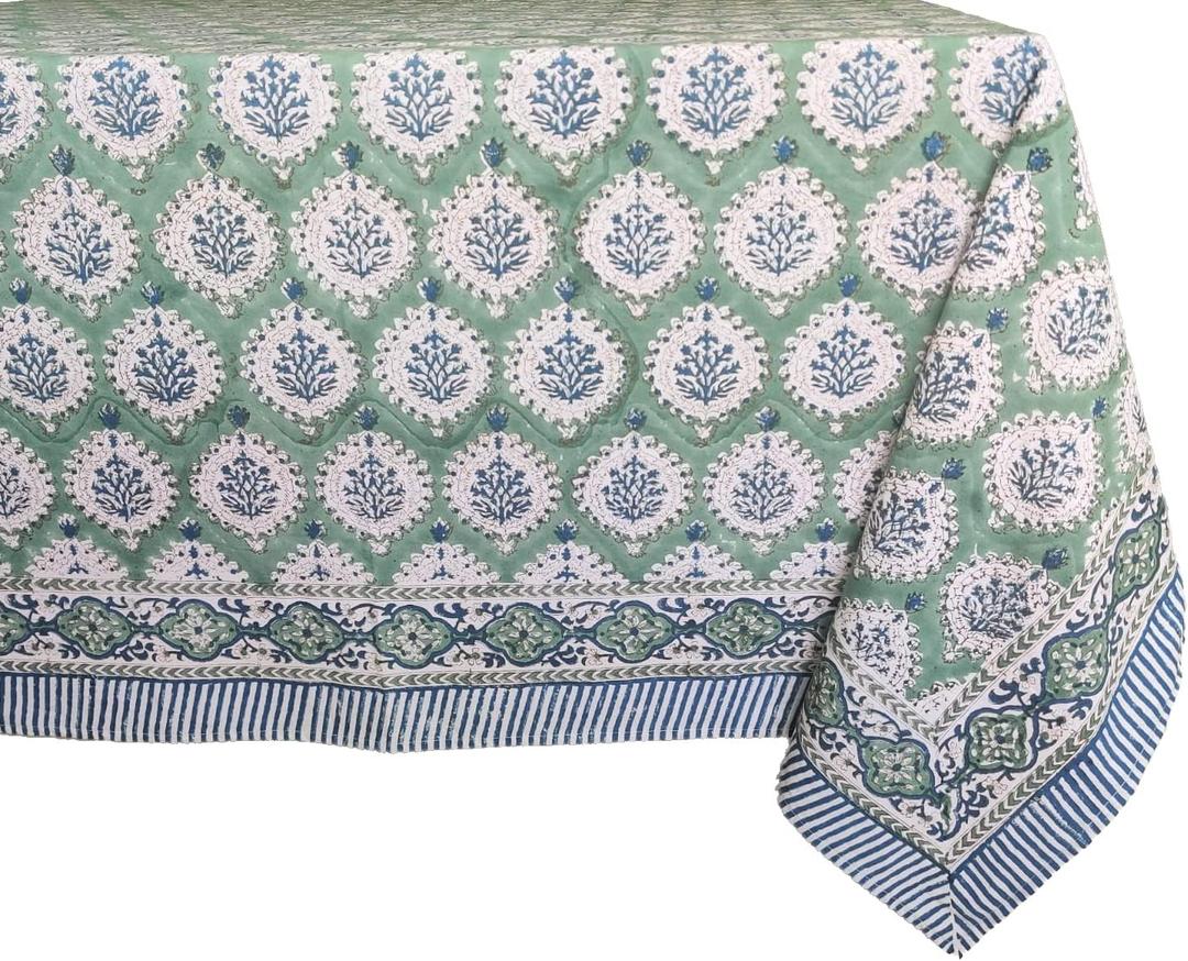 ATOSII Kari Green 100% Cotton Rectangle Boho Summer Tablecloth, Block Print Floral Table Cloth Linen for Dining, Parties, Wedding, Outdoors Home Decor 72 X 108 Inches I 8 Seater I