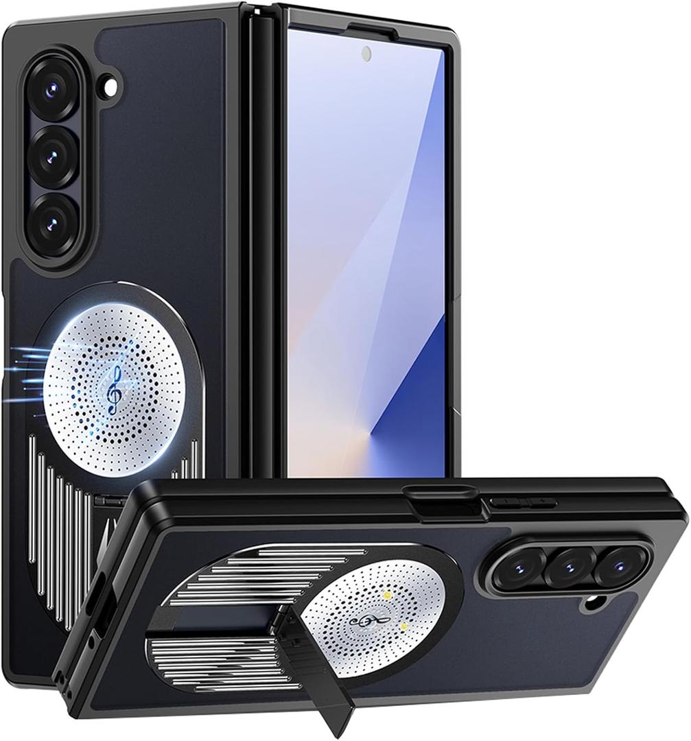 Jonwelsy Case for Samsung Galaxy Z Fold 5, Metal Radiator Design [Compatible with Magsafe] Back Cover with Foldable Stand, Camera Lens Protector Phone Cover for Samsung Galaxy Z Fold 5 (Black)