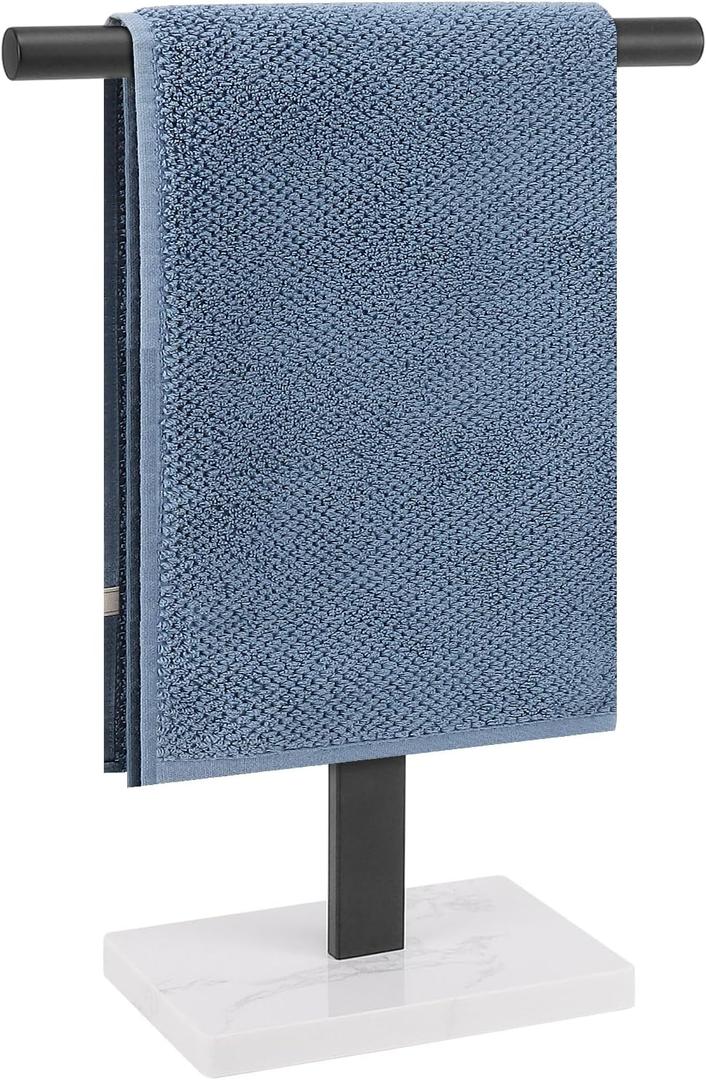 Hand Towel Holder, T-Shape Hand Towel Stand for Bathroom, Hand Towel Rack Bar Standing for Vanity Kitchen Countertop, 304 Stainless Steel, Marble Base (Black)