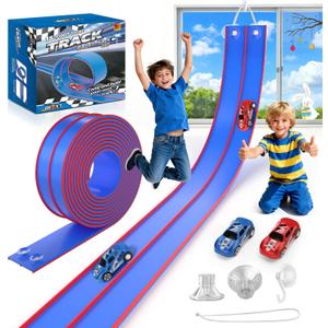 15 Ft Flexible Race Track for Kids, DIY Car Track Set with 2 Toy Cars & 3 Suction Cup Ramps, Easter Basket Stuffers for Teens & Boys Girls, Creative Easter Gifts for Kids, Blue