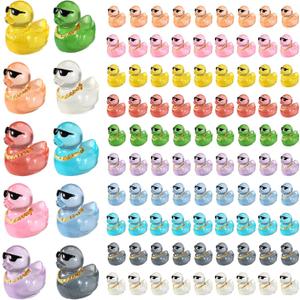 100pcs Mini Ducks with Sunglasses & Gold Chain, Colorful Luminous Resin Miniature Duck Figurines Small Glow in The Dark Animal Tiny Desktop Dollhouse Garden Micro Ornament Landscape Decor