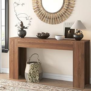 63-Inch Long Console Table with LED Light, Farmhouse Sofa Table Behind Couch, Wooden Console Table for Entryway Hallway Entrance Living Room, Brown