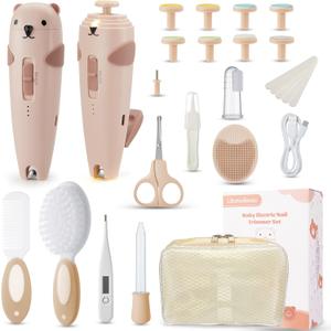 Lilian&Gema Baby Healthcare and Grooming Kit, 28-in-1 Rechargeable Nail Trimmer Electric Set, Dual Auto Light Baby Nail Care Kit, Portable Newborn Nursery Health Care Set for Infant Toddlers Boy Girl (Brown)