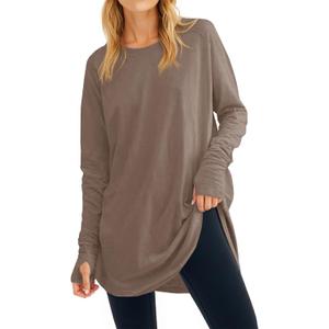 Fisoew Women's Casual Long Sleeve Tops Crew Neck Round Hem Loose T-Shirts Tunic Tops with Thumb Holes (Medium)