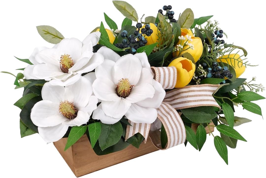 Spring Flowers Centerpiece for Table Decor, 20" L Lifelike Artificial Magnolia Tulip in Rectangular Wood Box, Lush Spring Eater Faux Floral Arrangement Farmhouse Mantel Shelf Kitchen Island Decor