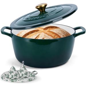 Enameled Cast Iron Dutch Oven with Lid  5QT Heavy-Duty Pot, Oven Safe up to 500F, Dual Handles, Ideal for Sourdough Bread Baking, Stews, Roasting, Braising  All Cooktops, Durable & Versatile Cookware (Green)