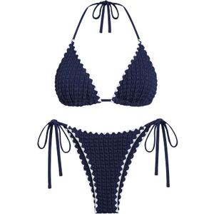 ZAFUL Bikini Sets for Women Halter Two Piece Swimsuit Ribbed High Cut Tie Side Thong Bathing Suit Sexy Padded Swimwear (Blue, L)