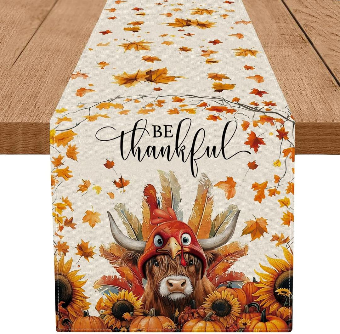 5 x Thanksgiving Table Runner Turkey Cow Table Runners Thankful Fall Kitchen Dining Table Decoration for Home Party Banquet Decor 13x36 Inch