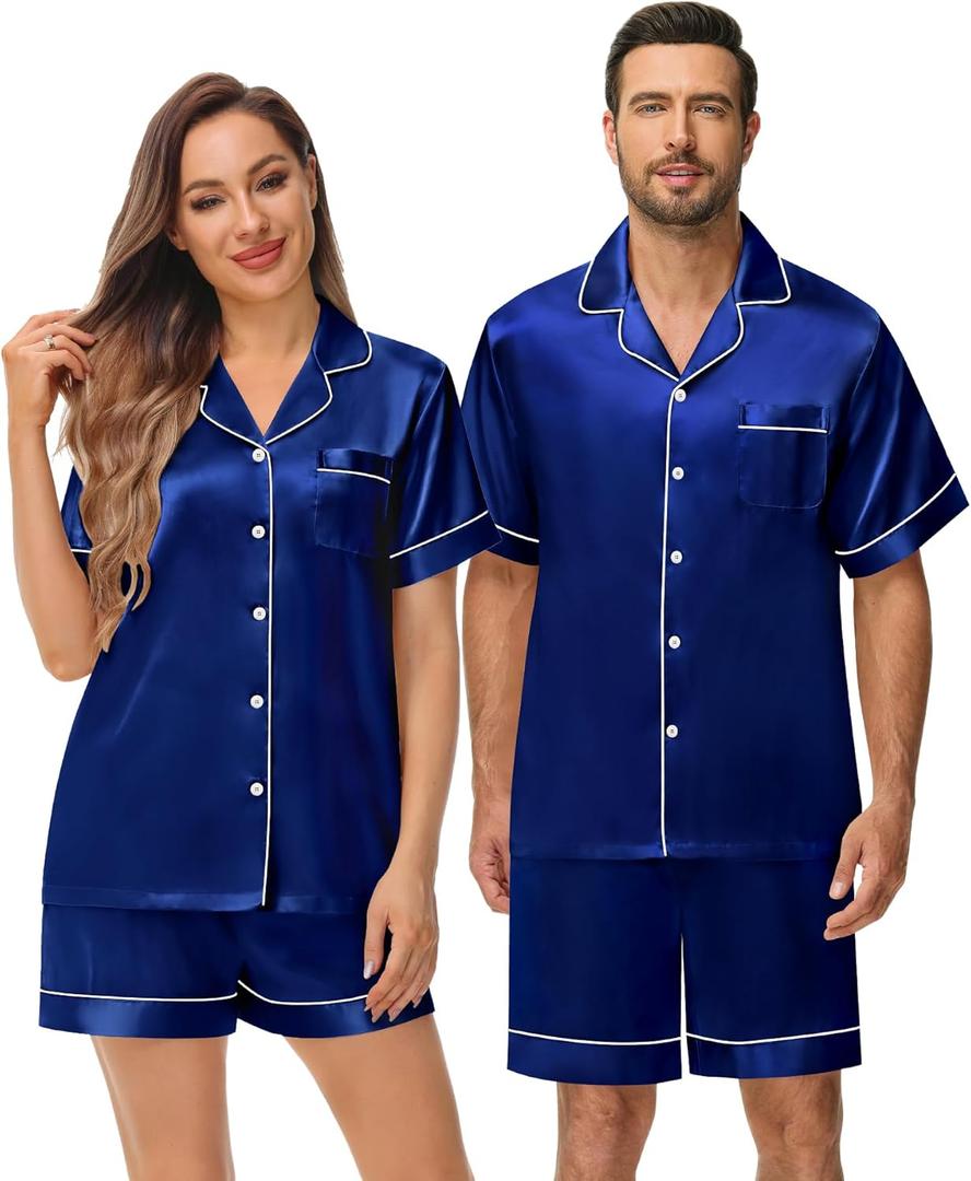 DIKFA Matching Silk Satin Pajamas Set for Couple Short Sleeve Sleepwear for Women&Men 2pcs Pjs Set Button-Down Nightwear Set, One Size