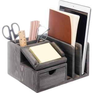 Liry Products Gray Rustic Wood Desk Organizer Storage Cabinet Mail File Paper Sticky Note Memo Pad Folder Office Supplies Caddy Tabletop Holder Accessory Sorter Multiple Compartments with Drawer Home