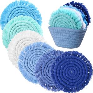 Coasters Set of 6 for Drinks Boho Absorbent Woven Cotton Coaster with Holder Farmhouse Tassel Macrame Cup Mat Housewarming Gift for Coffee Table Home Kitchen Office Decoration, 4 in(Beach Color)