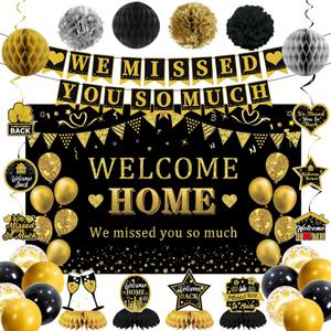 Trgowaul Welcome Home Decorations, 34PCS Black Gold Welcome Home Party Supplies, Welcome Home Banner Backdrop, Hanging Swirl, Pompoms, We Missed You So Much Family Reunion Party Decor Set