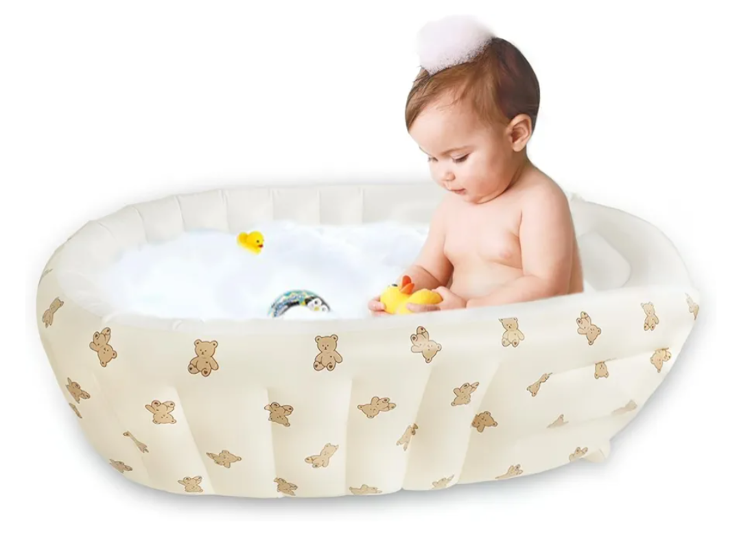 Inflatable Baby Bathtub with Built in Pump, Collapsible Safe Baby Bathtub for Newborns and Baby, Non-Slip Travel Mini Swimming Pool for Babies 0-5 Years Old - Bear
