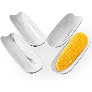 Cinf Ceramic Corn Cob Holders 8.8" Corn Dishes Set of 4 Trays Non-slip Bottom Microwave Dishwasher Oven Safe (Marble Pattern)