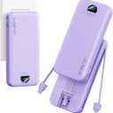 Ultra-Portable-Charger-Power-Bank with Built in Cables&AC Wall Plug,12000mAh PD20W USB-C Fast Charging Cell Phone Charger Battery Pack,LED Display Travel Battery Bank for All iPhone,Samsung,Android (Purple)