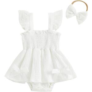 Thorn Tree Baby Girl Summer Clothes Newborn Outfit Ruffle Romper Infant Baby Dress Bow Headband Solid Cute Outfits Girls, Size 90 (White)