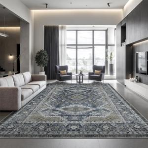 Rugland 8x10 Area Rugs - Stain Resistant Washable Rug, Anti Slip Backing Rugs for Living Room, Vintage Tribal Area Rugs (TPR07-Navy, 8'x10')