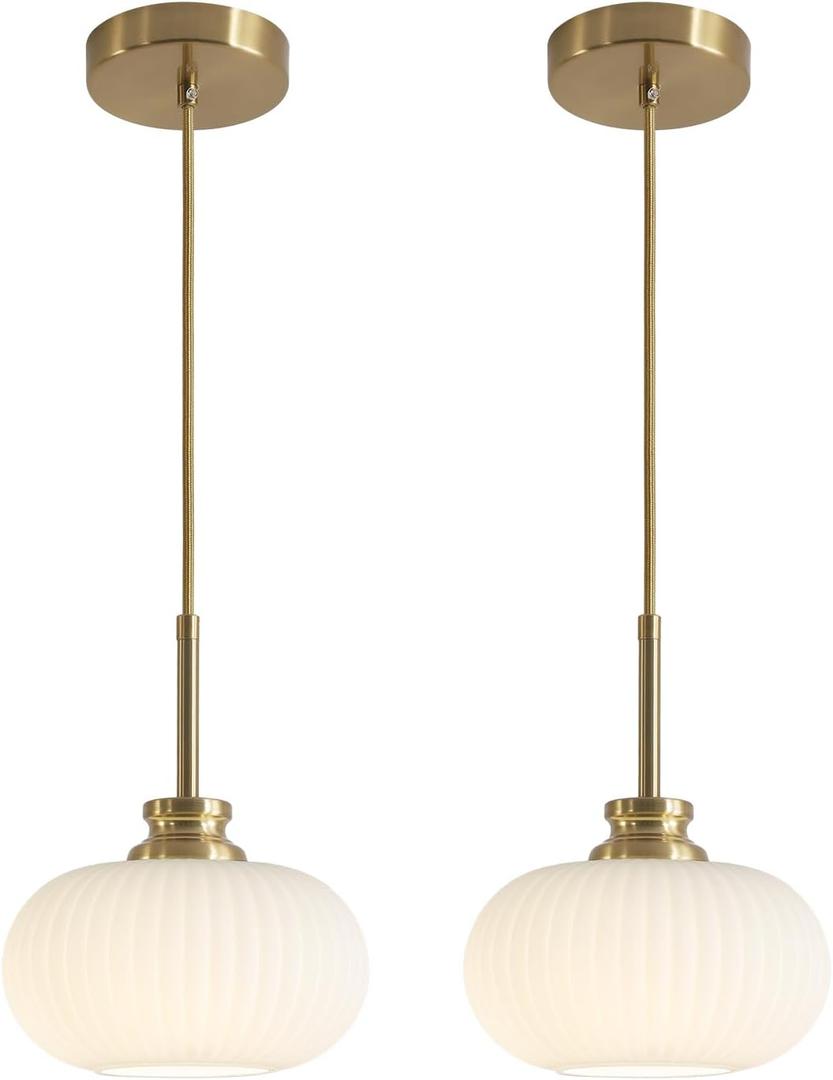 KCO Lighting White and Gold Pendant Light Large Industrial Pendant Lights Kitchen Island Ribbed Milk Glass Pendant Light Modern Globe Hanging Light Fixture (2 Pack)