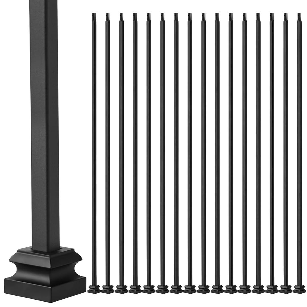 Therwen 40 Sets Wrought Iron Balusters, Square Stair Iron Balusters Hollow Straight Bar Metal Baluster Shoes Stair Flat Shoe for 1/2 Square Staircase Metal Spindle Railing, Satin Black