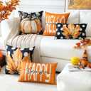 Artscope Fall Decorative Throw Pillow Covers 16x16 Inch Set of 4, Hello Happy Autumn Pumpkin Maple Leaves Harvest Outdoor Farmhouse Pillow Cases for Home Sofa Couch-Orange E