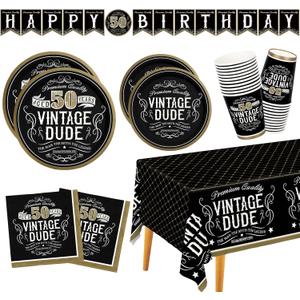 50th Birthday Party Supplies Paper Plates Napkins Cups Tablecloth Banner for Men Black and Gold 50th Birthday Decorations Serve 25