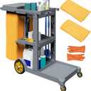 YITAHOME Janitorial Cart, Cleaning Carts on Wheels, 3-Shelf Commercial Traditional Plastic Housekeeping Cart, with 2 Yellow 25 Gallon Vinyl Bag and Pair of Rubber Gloves, Gray