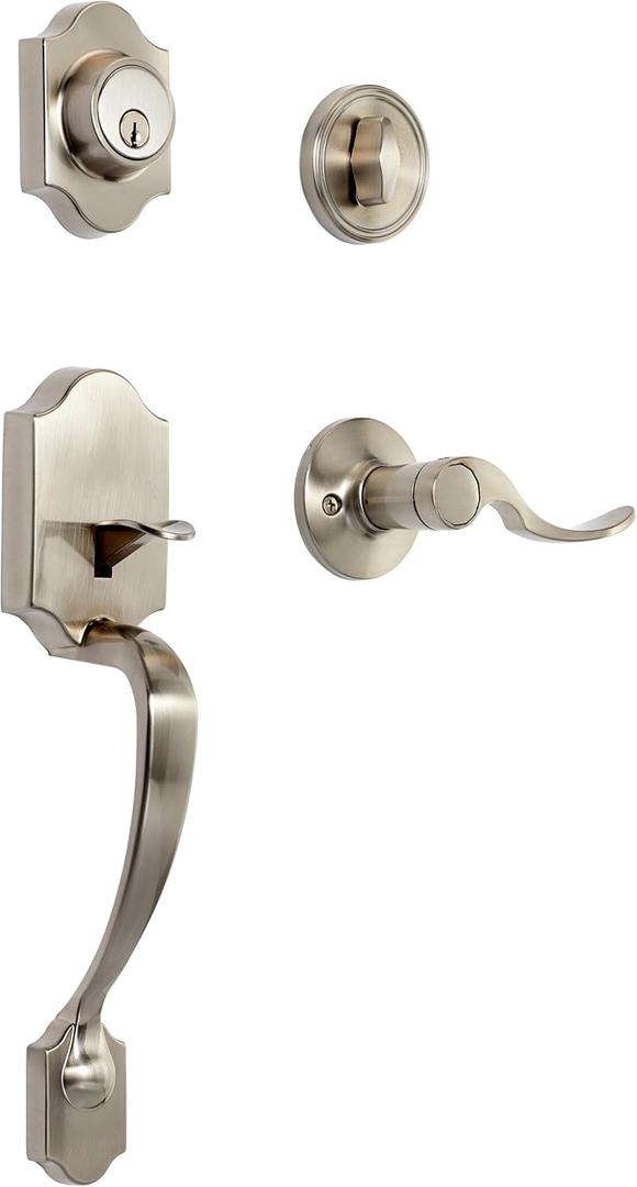 Amazon Basics Front Door Lock Set, Handleset with Shelby Lever, Level Door Handle, Exterior, Single Cylinder Packs, Satin Nickel, 1-Pack