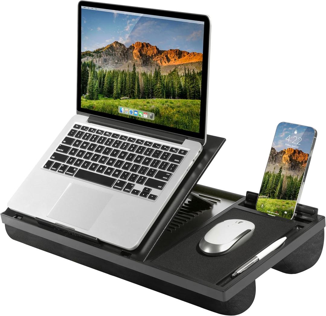 LAPGEAR Ergo Pro Lap Desk with 20 Adjustable Angles, Mouse Pad, and Phone Holder - Black - Fits up to 15.6 Inch Laptops and Most Tablets - Style No. 49408
