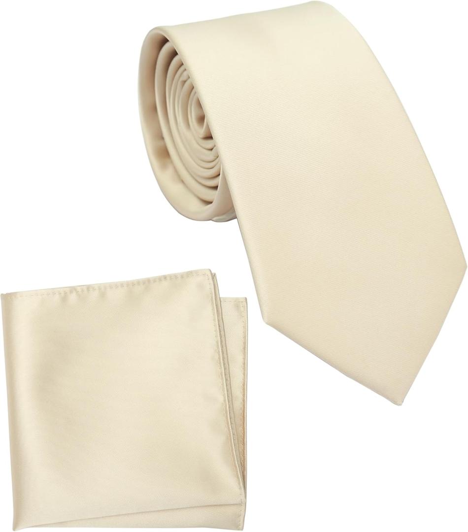 Regular Tie and Pocket Square for Men, Solid Color Necktie Set, 3.2 inch Standard Width (Champagne)