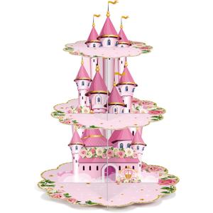 Zopeal 3 Tier Princess Birthday Cupcake Stand Party Decorations Floral Princess Cupcake Holder Pink Castle Crown Carriage Dessert Tower for Girls Birthday Theme Baby Shower Party Supplies