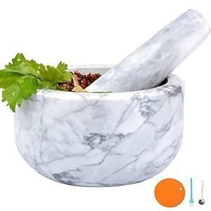 Mortar and Pestle Set Polished Natural Marble Guacamole Molcajete Bowl, 5.5inch Stone Spice Grinder with Silicone Pad, Stainless Steel Spoon and Small Brush, 400ml Capacity(Large, Dark Gray)