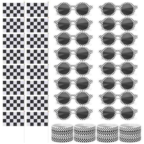 JATEBI 48 Pack Race Car Sunglasses Wristbands Stick Flags for Kids Racing Theme Party Favors Set Black and White Checker Sunglasses Silicone Bracelets Flags for Race Theme Birthday Halloween Supplies