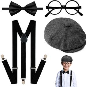 4Pcs Kids Boys Suspenders Bowtie Set with Black Glasses Newsboy Cap for Boy Girl Wedding 100 Days of School Costume