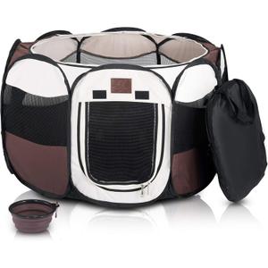 Portable Foldable Playpen Exercise Kennel Dogs Cats Indoor/Outdoor Removable Mesh Shade Cover, Carrying Case & Collapsible Travel Bowl (Medium)