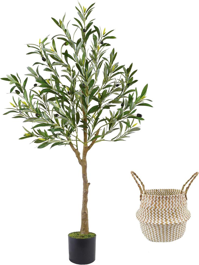 Artificial Olive Tree, 4ft Tall Fake Olive Leaves Plant with Basket, Indoor Outdoor Faux Olive Topiary Silk Tree for Home Livingroom Office Dcor