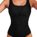 Daci Women Ribbed One Piece Swimsuits Tummy Control Full Coverage Bathing Suit Cute Button Up Ruched Modest Swimwear (XX-Large, Black)