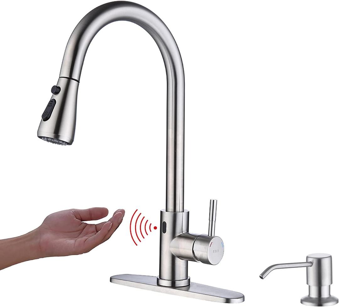 Touchless Faucet with Pull Down Sprayer, Motion Sensor & Soap Dispenser - Single High Arc Pull Out Faucet for Kitchen Sink, RV - Brush Nickel