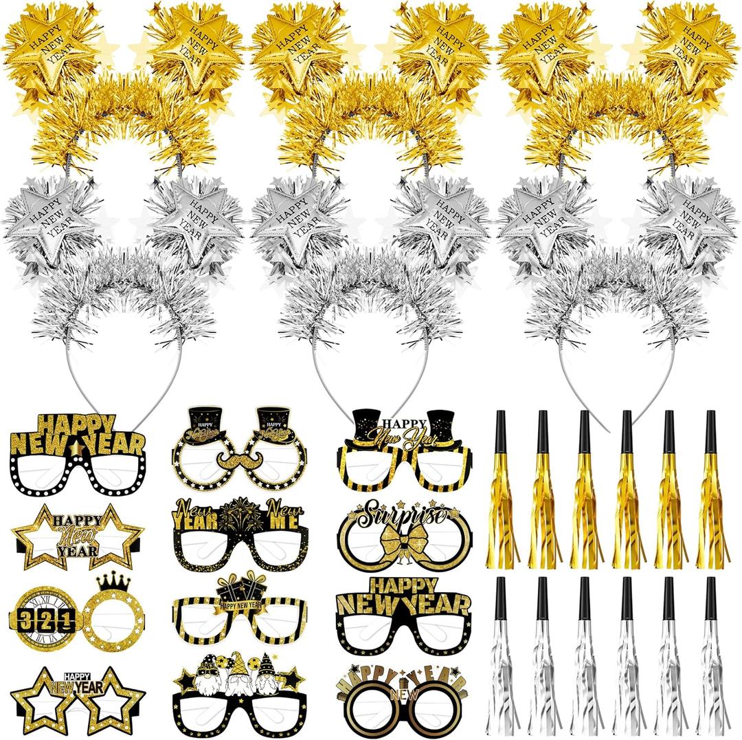 fiintrwa Happy New Year Headband Tiara Gold Silver Fringed Noise Makers and 2026 New Year Party Glasses Decoration Supplies