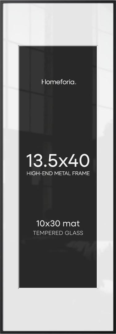 Homeforia 13.5x40 Black Picture Frame, High-End Metal, 10x30 Mat, Glass