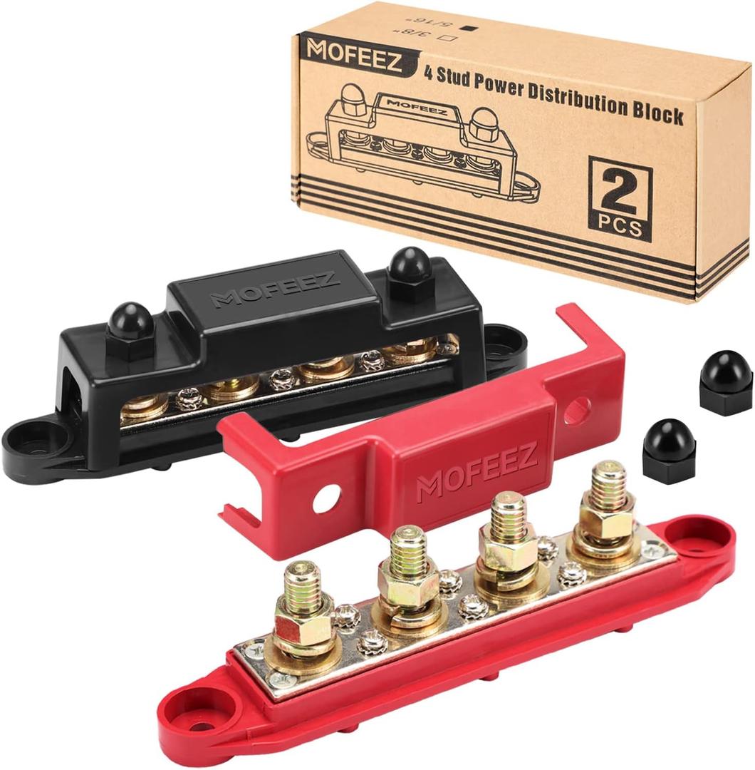MOFEEZ Power Distribution Block Bus Bar, 4 x 5/16" Posts, 6 x #8 Screws Terminals, Max 48V 250A (Pair, Red & Black)