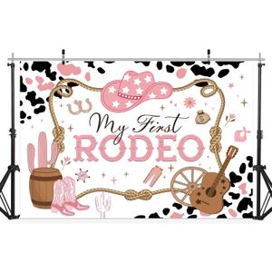 Riyidecor Cowgirl First Rodeo Birthday Backdrop, Western First Birthday Backdrop Banner, Cow Print Pink Girly Wild West Cactus 5x3 Feet Photography Background Newborn Party Decoration Supplies (5Wx3H)