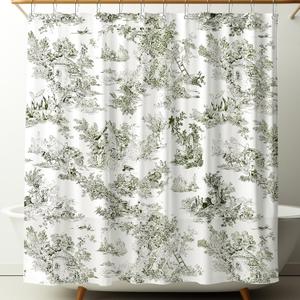 Mindsoft Vintage French Frog Toile Shower Curtain Cotton Print Curtain with 12 Metal Hooks Waterproof Bathroom Decor for Kitchen 18th Century Style Home Bath Accessories(Green,72 x 84 Inch)