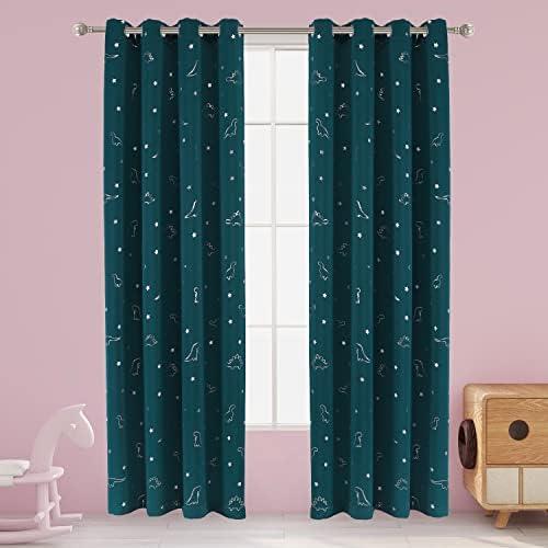 LORDTEX Dinosaur and Star Foil Print Blackout Curtains for Kids Room - Thermal Insulated Curtains Noise Reducing Window Drapes for Boys and Girls Bedroom, 52 x 95 Inch, Sapphire, Set of 2 Panels