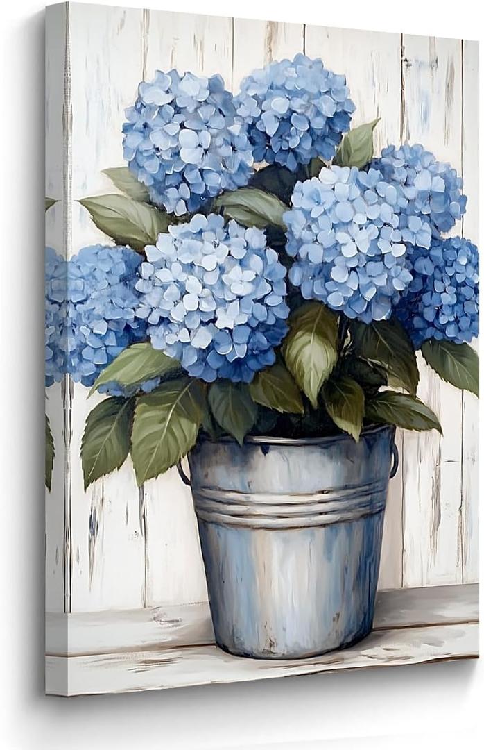 BJYCHG Blue Hydrangea Picture Wall Art Bathroom Decor Hydrangea Canvas Rustic Floral Poster Prints Flowers in Vase Painting Farmhouse Decor Framed (Teal, 36L x 24W)
