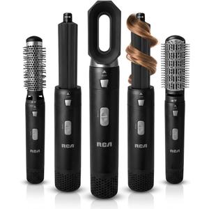 RCA Hot Air Styler, 5 in 1 Hair Dryer Brush Blow Dryer Brush with Auto Wrap Curlers, Volumizing Brush, Round Brush, Dryer Head, 1000W Multi Hair Styler for Blowouts, Curling, Smoothing & Drying, Black