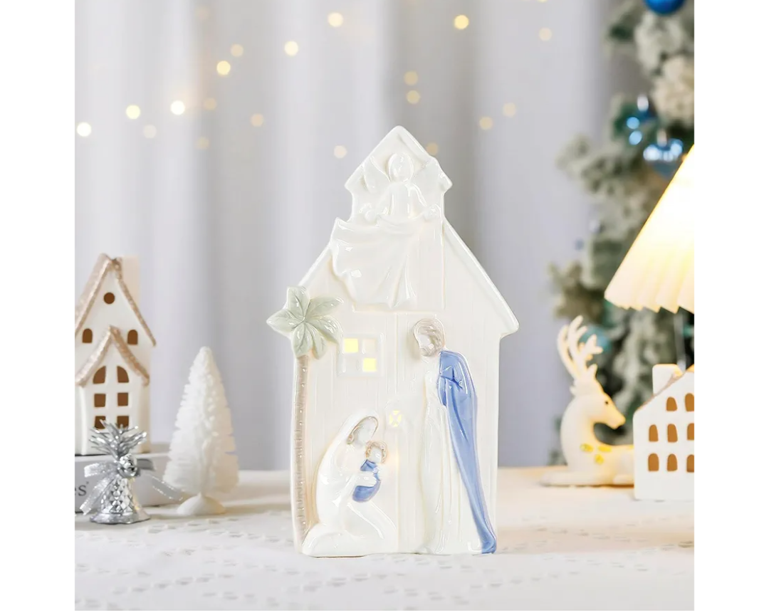 10 Inch Ceramic Nativity Set with Light, Nativity Scene for Christmas Indoor White Figurine Holiday Home Tabletop Decorations