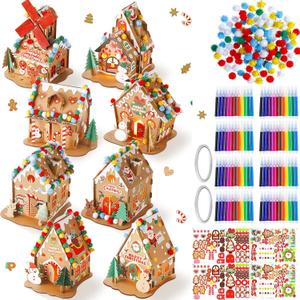 Poen 8 Set Christmas Gingerbread House Kit Bulk Prebuilt Mini Gingerbread House Kit Fun DIY Cardboard Christmas Craft Supplies for Holiday Party Decoration(Classic Style)
